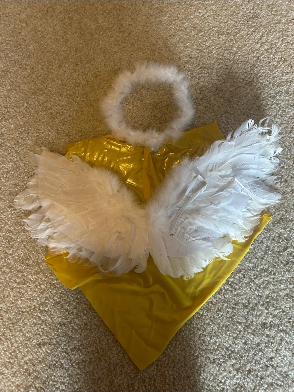 Kids Yellow Angel Costume Set with White Feather Wings and Halo
